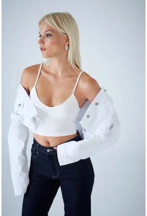 Kadın Beyaz V Yaka Crop Bluz COL1000