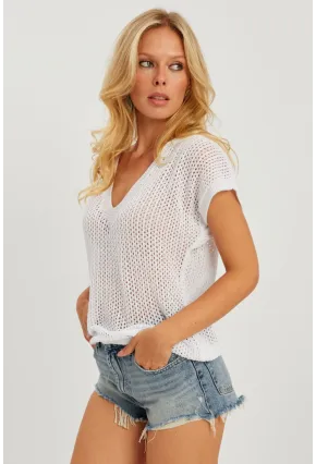 Kadın Beyaz V Yaka Fileli Bluz SMT230