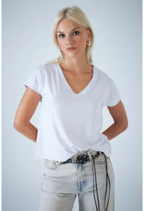 Kadın Beyaz V Yaka T-Shirt LPP1311