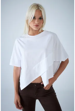 Kadın Beyaz Yarasa Kol Asimetrik T-Shirt LPP1315