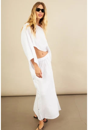 Kadın Beyaz Yarasa Kol Crop Müslin Etek Takım BTY104