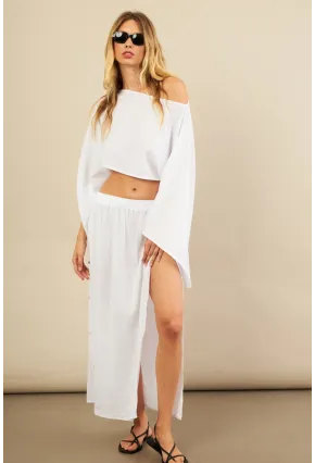 Kadın Beyaz Yarasa Kol Crop Müslin Etek Takım BTY104
