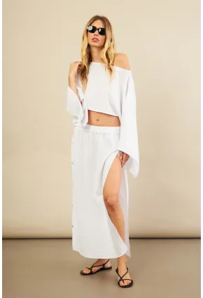 Kadın Beyaz Yarasa Kol Crop Müslin Etek Takım BTY104
