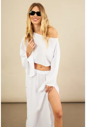 Kadın Beyaz Yarasa Kol Crop Müslin Etek Takım BTY104