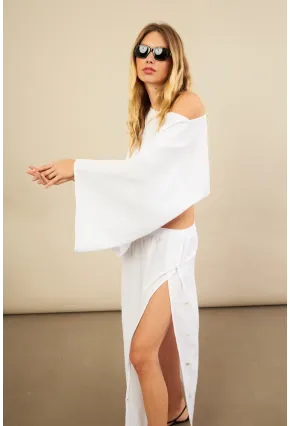 Kadın Beyaz Yarasa Kol Crop Müslin Etek Takım BTY104