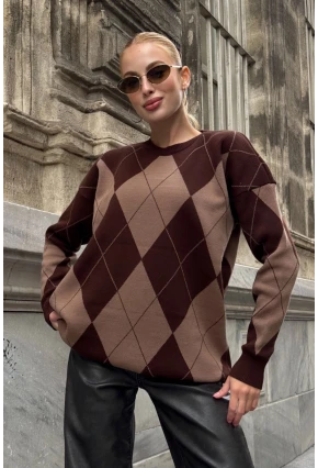 Kadın Bisiklet Yaka Baklava Desenli Triko Kazak