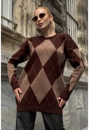 Kadın Bisiklet Yaka Baklava Desenli Triko Kazak