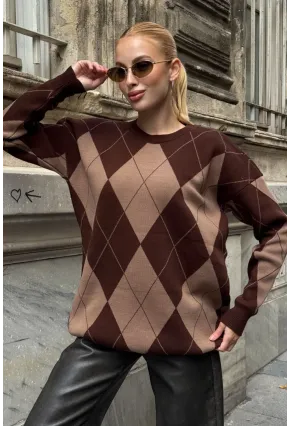 Kadın Bisiklet Yaka Baklava Desenli Triko Kazak