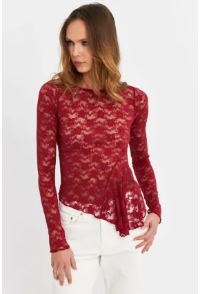 Kadın Bordo Asimetrik Dantel Bluz MTK13288