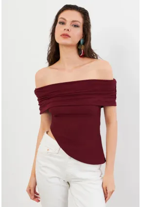 Kadın Bordo Asimetrik Madonna Yaka Bluz OPS4251