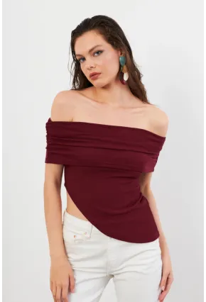 Kadın Bordo Asimetrik Madonna Yaka Bluz OPS4251