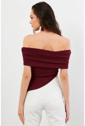 Kadın Bordo Asimetrik Madonna Yaka Bluz OPS4251