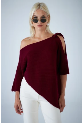Kadın Bordo Asimetrik Triko Bluz YV359