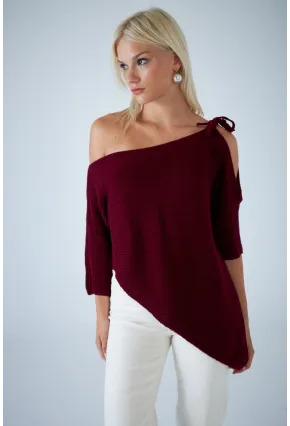 Kadın Bordo Asimetrik Triko Bluz YV359