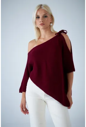 Kadın Bordo Asimetrik Triko Bluz YV359