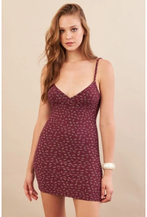 Kadın Bordo Askılı Çiçekli Mini Elbise LPP1129-90