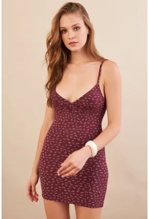 Kadın Bordo Askılı Çiçekli Mini Elbise LPP1129-90