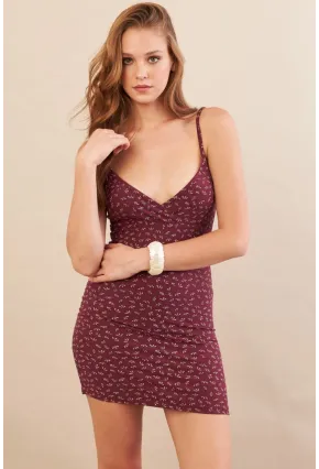 Kadın Bordo Askılı Çiçekli Mini Elbise LPP1129-90
