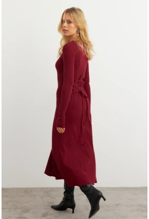 Kadın Bordo Bağlamalı Kaşkorse Midi Elbise COL2268