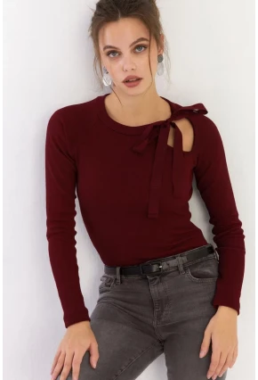 Kadın Bordo Boyun Bağlamalı Kaşkorse Bluz EY2930