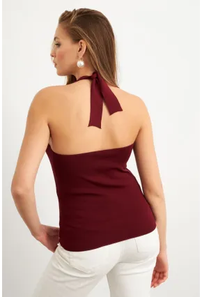 Kadın Bordo Boyundan Bağlamalı Triko Bluz YV356