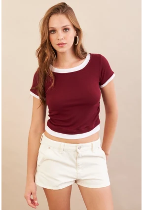 Kadın Bordo Büzgülü Beyaz Garnili Bluz MX9465