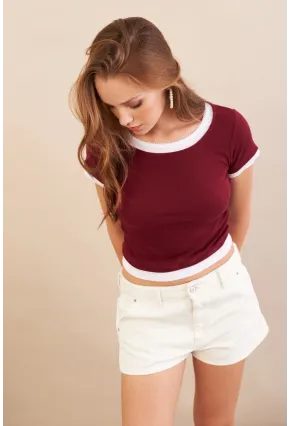 Kadın Bordo Büzgülü Beyaz Garnili Bluz MX9465