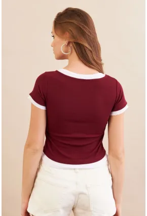 Kadın Bordo Büzgülü Beyaz Garnili Bluz MX9465