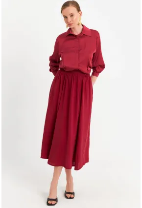 Kadın Bordo Cepli Midi Etek MSH20194