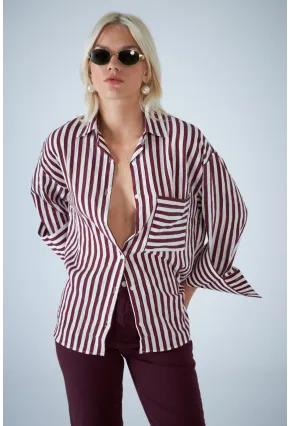 Kadın Bordo Çizgili Cepli Gömlek ELN601