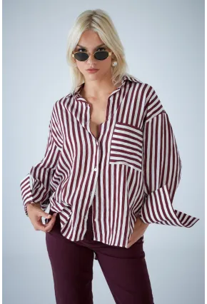 Kadın Bordo Çizgili Cepli Gömlek ELN601