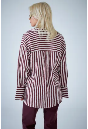 Kadın Bordo Çizgili Cepli Gömlek ELN601