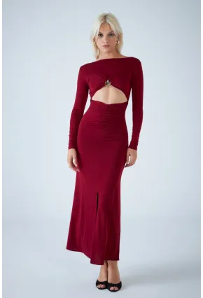 Kadın Bordo Dekolteli Aksesuarlı Maxi Elbise HO57