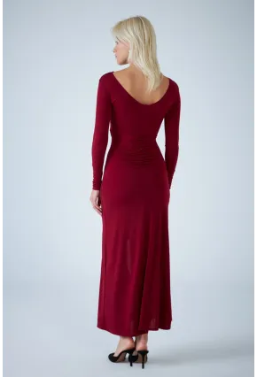 Kadın Bordo Dekolteli Aksesuarlı Maxi Elbise HO57