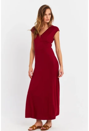 Kadın Bordo Düğme Detaylı Kruvaze Midi Elbise EY0011