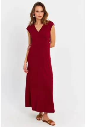 Kadın Bordo Düğme Detaylı Kruvaze Midi Elbise EY0011