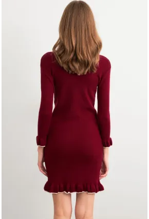 Kadın Bordo Fırfırlı Basic Triko Midi Elbise SF2559