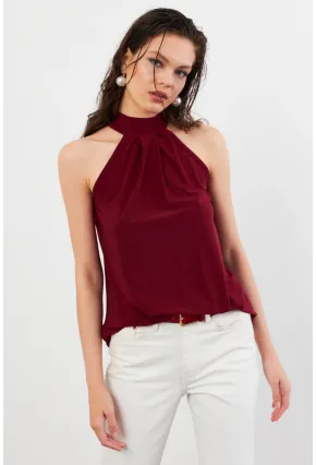 Kadın Bordo Halter Yaka Bluz LPP1273