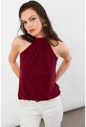 Kadın Bordo Halter Yaka Bluz LPP1273