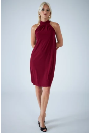 Kadın Bordo Halter Yaka Midi Elbise LPP1309