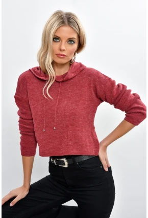 Kadın Bordo Kapüşonlu Kısa Triko Bluz YV15-90