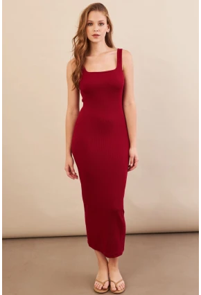 Kadın Bordo Kare Yaka Midi Elbise DMR295-90