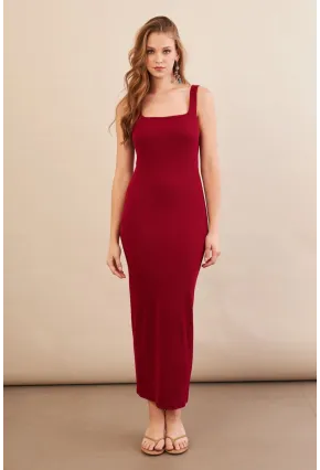 Kadın Bordo Kare Yaka Midi Elbise DMR295-90