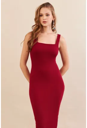 Kadın Bordo Kare Yaka Midi Elbise DMR295-90