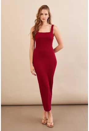 Kadın Bordo Kare Yaka Midi Elbise DMR295-90