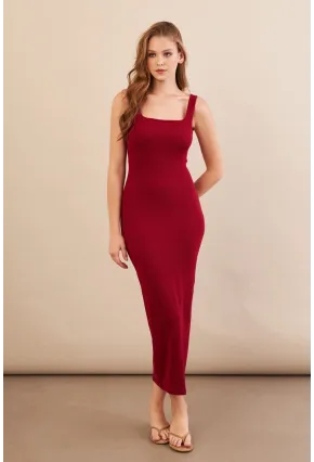 Kadın Bordo Kare Yaka Midi Elbise DMR295-90