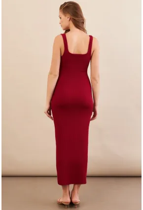 Kadın Bordo Kare Yaka Midi Elbise DMR295-90