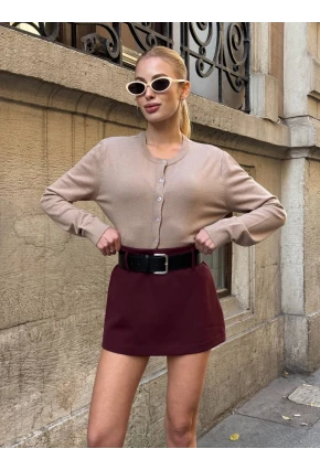 Kadın Bordo Kemerli Şort Etek