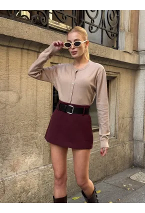 Kadın Bordo Kemerli Şort Etek