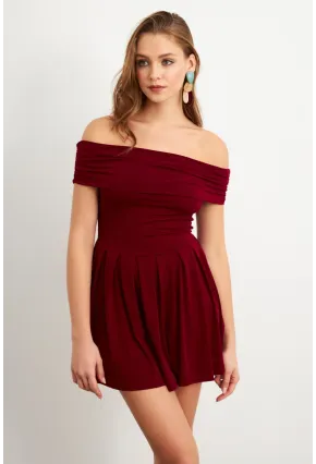 Kadın Bordo Madonna Yaka Midi Elbise MON1262-1